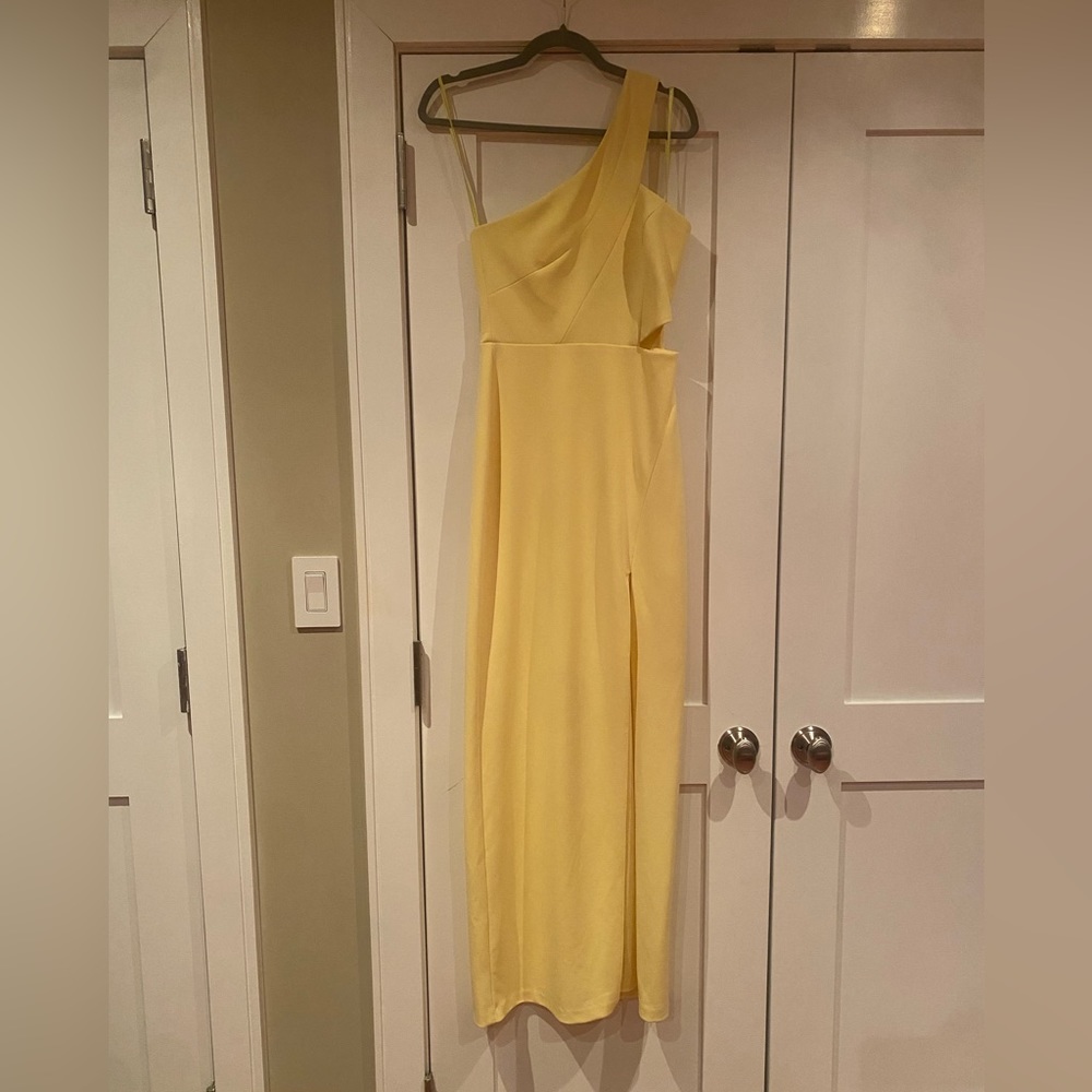 Yellow one shoulder gown with side cut out